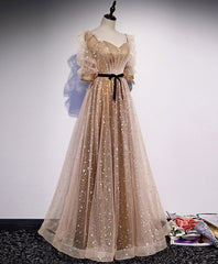 Gold Tulle Long Prom Dresses, A line Gold Formal Graduation Party Dresses