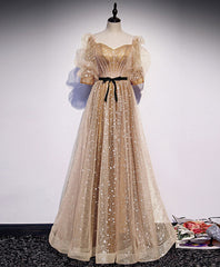 Gold Tulle Long Prom Dresses, A line Gold Formal Graduation Party Dresses