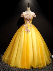 Gold Tulle Off the Shoulder Appliques Quinceanera Dress