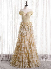 Gold Tulle Sequins Off the Shoulder Tiers Prom Dresses