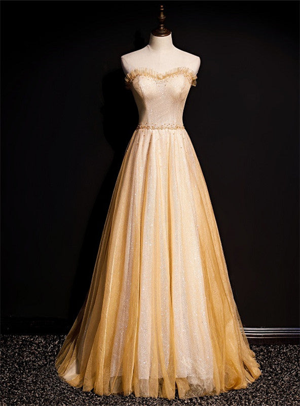 Gold Tulle Sequins Strapless Beading Prom Dress