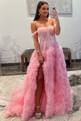 Gorgeous A Line Off the Shoulder Long Tulle Prom Dresses with Slit