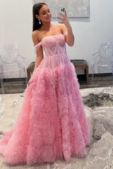 Gorgeous A Line Off the Shoulder Long Tulle Prom Dresses with Slit