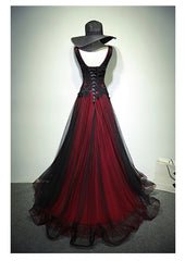 Gorgeous Black And Red V-Neckline Tulle Beaded Prom Dresses, Long Evening Gown