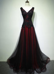 Gorgeous Black And Red V-Neckline Tulle Beaded Prom Dresses, Long Evening Gown