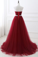 Gorgeous Burgundy Sweetheart Long Prom Dresses Tulle Crystal Evening Gown