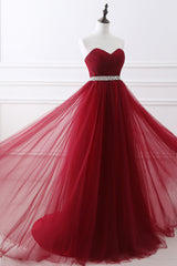 Gorgeous Burgundy Sweetheart Long Prom Dresses Tulle Crystal Evening Gown