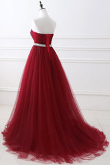 Gorgeous Burgundy Sweetheart Long Prom Dresses Tulle Crystal Evening Gown