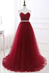 Gorgeous Burgundy Sweetheart Long Prom Dresses Tulle Crystal Evening Gown