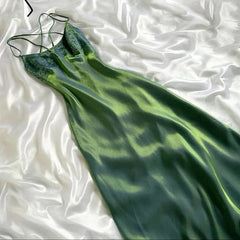 Gorgeous Green Satin A Line Long Prom Dresses Formal Evening Dresses