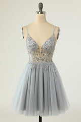 Gorgeous Grey Homecoming Dresses A Line Spaghetti Straps Short Prom Dresses with Beading