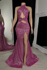 Gorgeous Halter Pink Prom Dresses Sequins Sleeveless Long With Split