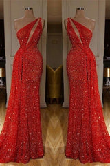 Gorgeous One Shoulder Red Sequins Long Prom Dresses