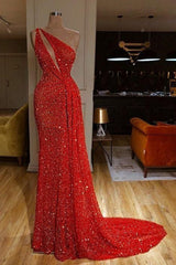 Gorgeous One Shoulder Red Sequins Long Prom Dresses