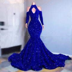 Gorgeous Royal Blue Long Sleeves Prom Dresses Mermaid Long With Sequins