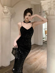 Gorgeous Sheath Spaghetti Straps Black Sequin Evening Dresses Prom Dresses Birthday Outfits