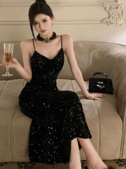 Gorgeous Sheath Spaghetti Straps Black Sequin Evening Dresses Prom Dresses Birthday Outfits