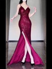 Gorgeous Sheath Spaghetti Straps Burgundy Sequin Long Evening Dresses Prom Dresses Birthday Outfits