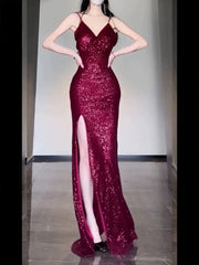 Gorgeous Sheath Spaghetti Straps Burgundy Sequin Long Evening Dresses Prom Dresses Birthday Outfits