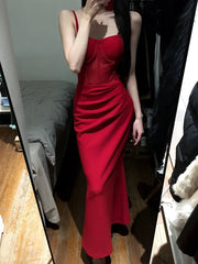 Gorgeous Sheath Spaghetti Straps Red Satin Evening Dresses Prom Dresses Birthday Outfits