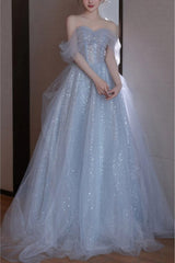 Gorgeous Silver Bling Tulle Off Shoulder Prom Dresses