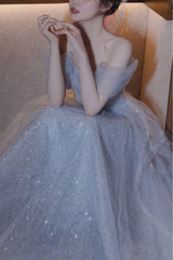 Gorgeous Silver Bling Tulle Off Shoulder Prom Dresses