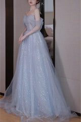 Gorgeous Silver Bling Tulle Off Shoulder Prom Dresses