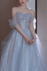 Gorgeous Silver Bling Tulle Off Shoulder Prom Dresses