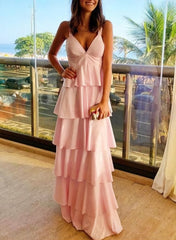 Gorgeous V Neck Pink Long Prom Dresses,  Formal Evening Dresses