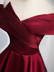 Gorgeous Wine Red Satin Off Shoulder Party Dresses , Wine Red Prom Dresses