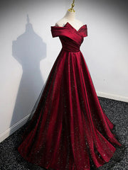 Gorgeous Wine Red Satin Off Shoulder Party Dresses , Wine Red Prom Dresses