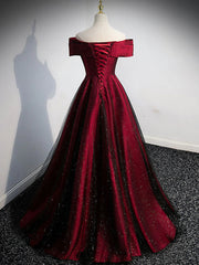 Gorgeous Wine Red Satin Off Shoulder Party Dresses , Wine Red Prom Dresses