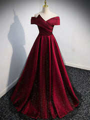 Gorgeous Wine Red Satin Off Shoulder Party Dresses , Wine Red Prom Dresses