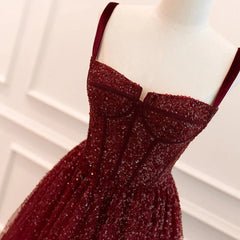 Gothic Burgundy Spaghetti Straps Sequins Beaded Formal Prom Dresses Tulle Party Evening Dresses