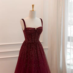 Gothic Burgundy Spaghetti Straps Sequins Beaded Formal Prom Dresses Tulle Party Evening Dresses