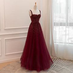 Gothic Burgundy Spaghetti Straps Sequins Beaded Formal Prom Dresses Tulle Party Evening Dresses