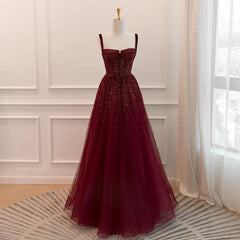 Gothic Burgundy Spaghetti Straps Sequins Beaded Formal Prom Dresses Tulle Party Evening Dresses