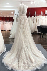 Graceful Long A-line Tulle V-neck Lace Backless Wedding Dresses