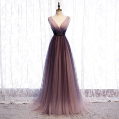 Gradient V-neckline Tulle Long Prom Dresses Party Dresses, Gradient Evening Gown