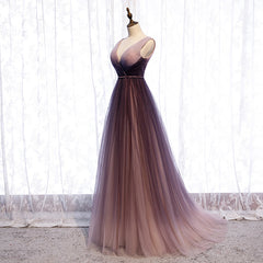 Gradient V-neckline Tulle Long Prom Dresses Party Dresses, Gradient Evening Gown