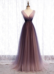 Gradient V-neckline Tulle Long Prom Dresses Party Dresses, Gradient Evening Gown