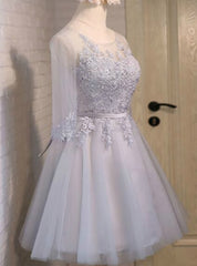 Gray 3/4 Sleeve Lace Homecoming Dresses