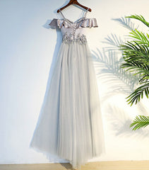 Gray A Line Lace Long Prom Dresses, Gray Evening Dresses