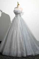 Gray A-Line Off the Shoulder Tulle Prom Dresses, Lovely Corset Floor Length Party Dresses