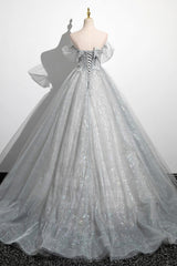 Gray A-Line Off the Shoulder Tulle Prom Dresses, Lovely Corset Floor Length Party Dresses