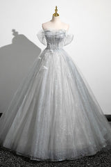 Gray A-Line Off the Shoulder Tulle Prom Dresses, Lovely Corset Floor Length Party Dresses