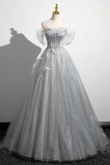 Gray A-Line Off the Shoulder Tulle Prom Dresses, Lovely Corset Floor Length Party Dresses