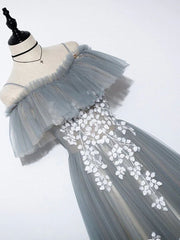 Gray Blue A line Tulle Lace Long Prom Dresses, Gray Blue Graduation Dresses