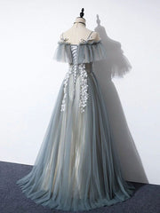 Gray Blue A line Tulle Lace Long Prom Dresses, Gray Blue Graduation Dresses