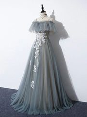 Gray Blue A line Tulle Lace Long Prom Dresses, Gray Blue Graduation Dresses